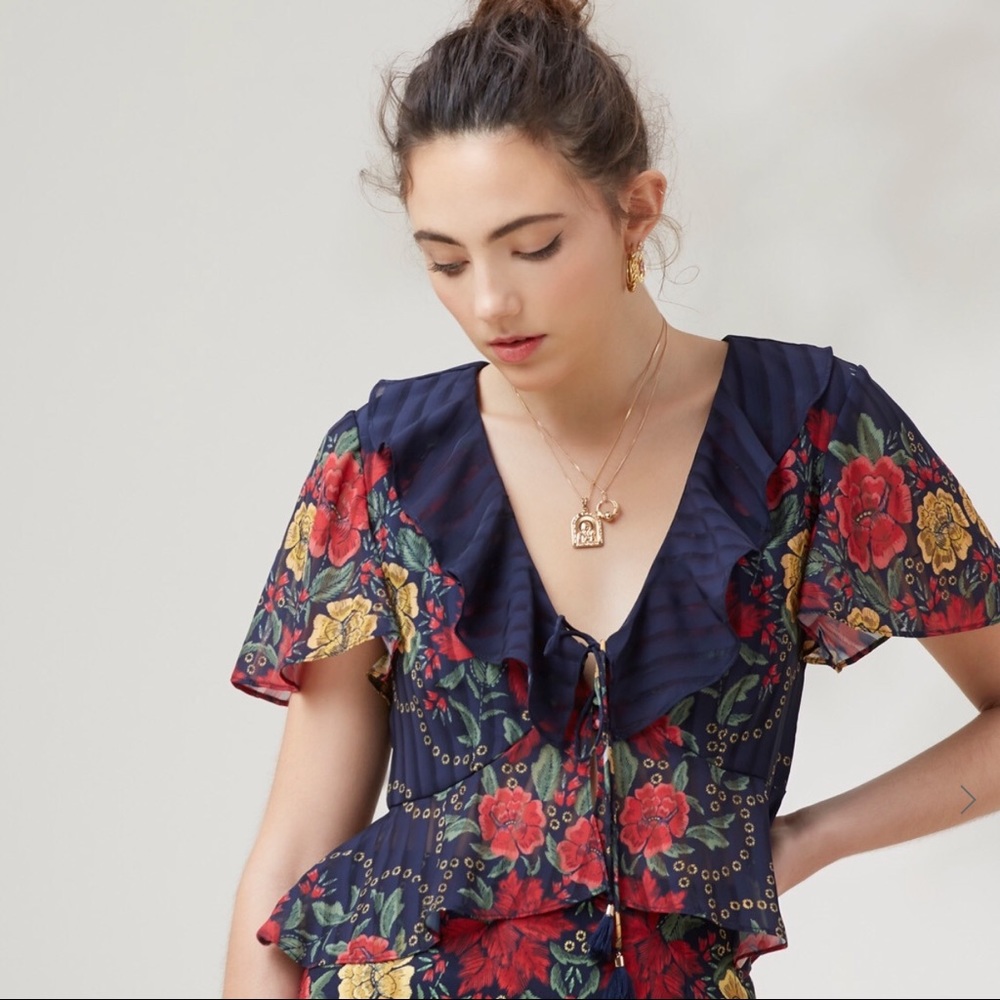 NWT Finders Arcadia Short Sleeve Navy Floral Top L